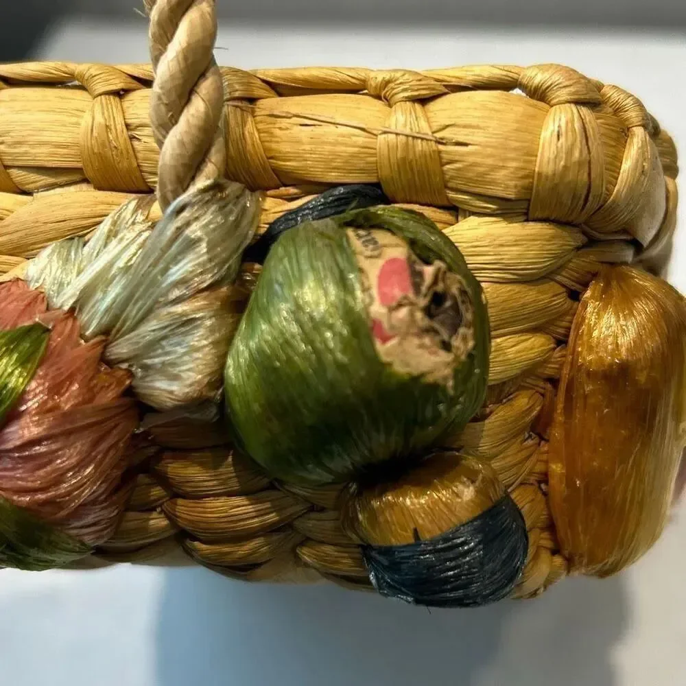 Vtg Woven Straw Lined Basket with 3D Fruit on Sides Phillipines Handmade Boho